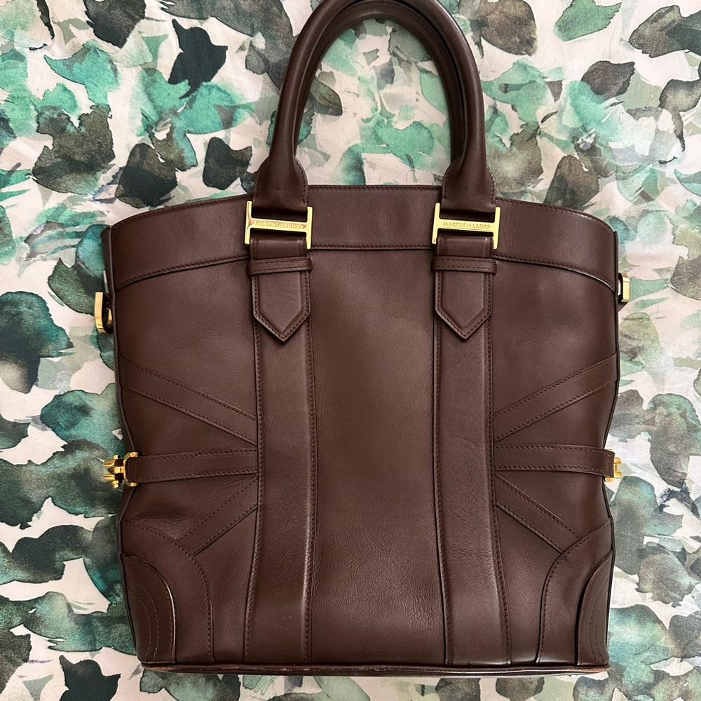 Brown Italian Leather Martin Marino Leather Tote Bag with Gold Hardware